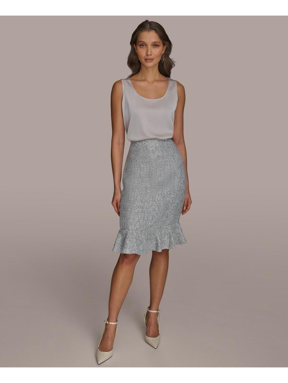 $99 Donna Karan New York Women's Tweed Ruffle Hem Skirt Petite Limestone Size 16 - Picture 2 of 11
